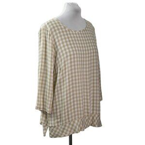 J Jill Top XL Beige White Gingham Check Rayon Blouse 3/4 Sleeve Boho Tunic NWT